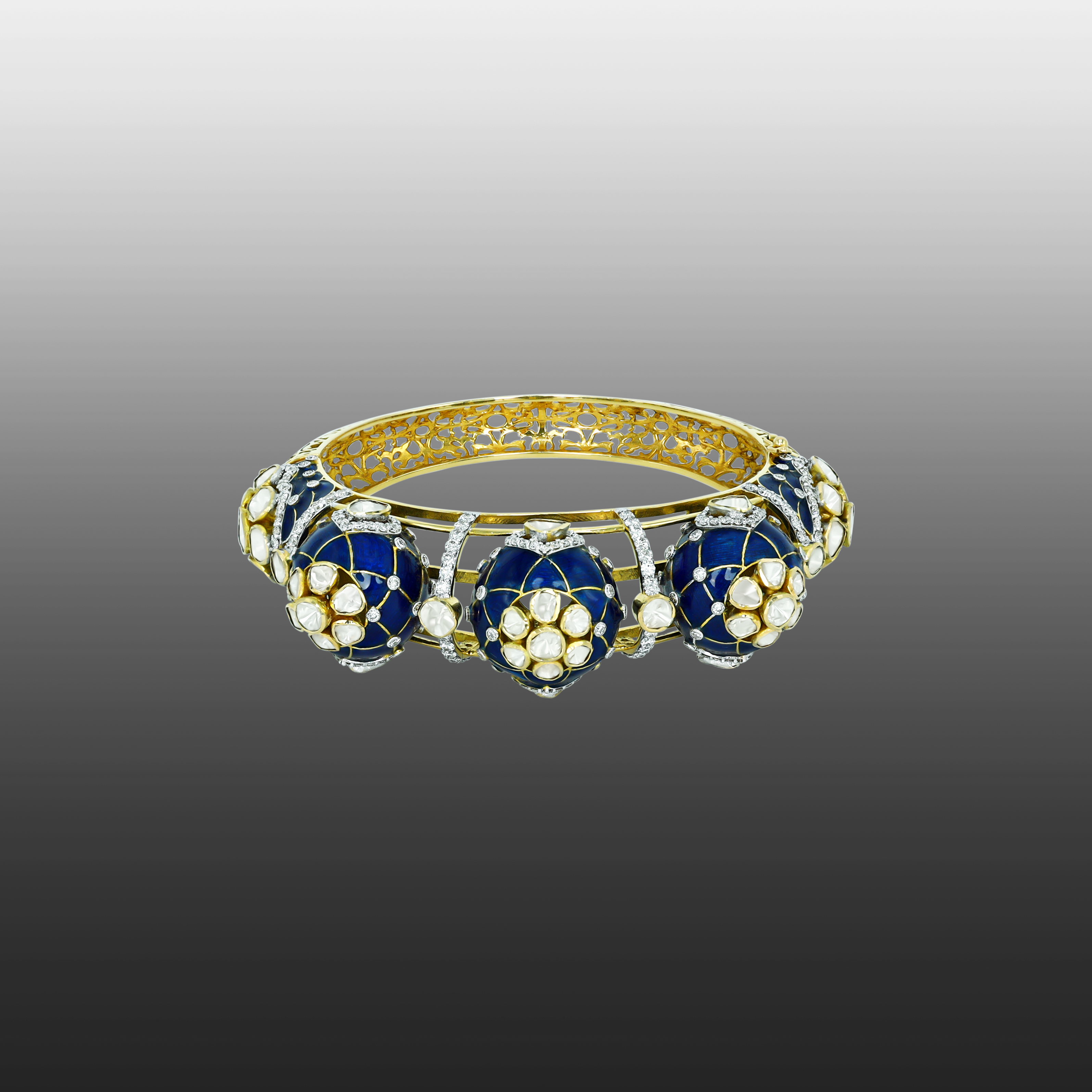 Dome Polki Bangle with Deep Blue Enamel and Lattice Sides